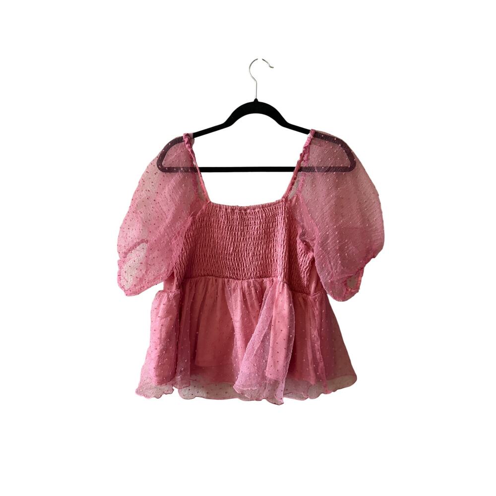 Arula Size A 1X 14/16 Pink Swiss Dot Mesh Puff Sleeve Babydoll Top - Picture 3 of 9
